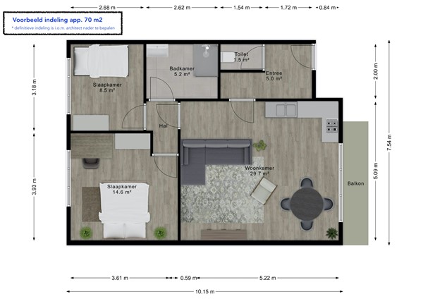 Plattegrond - Van Leeuwenhoekpark, 2627 CR Delft - Voorbeeld indeling app 70 m2.jpeg